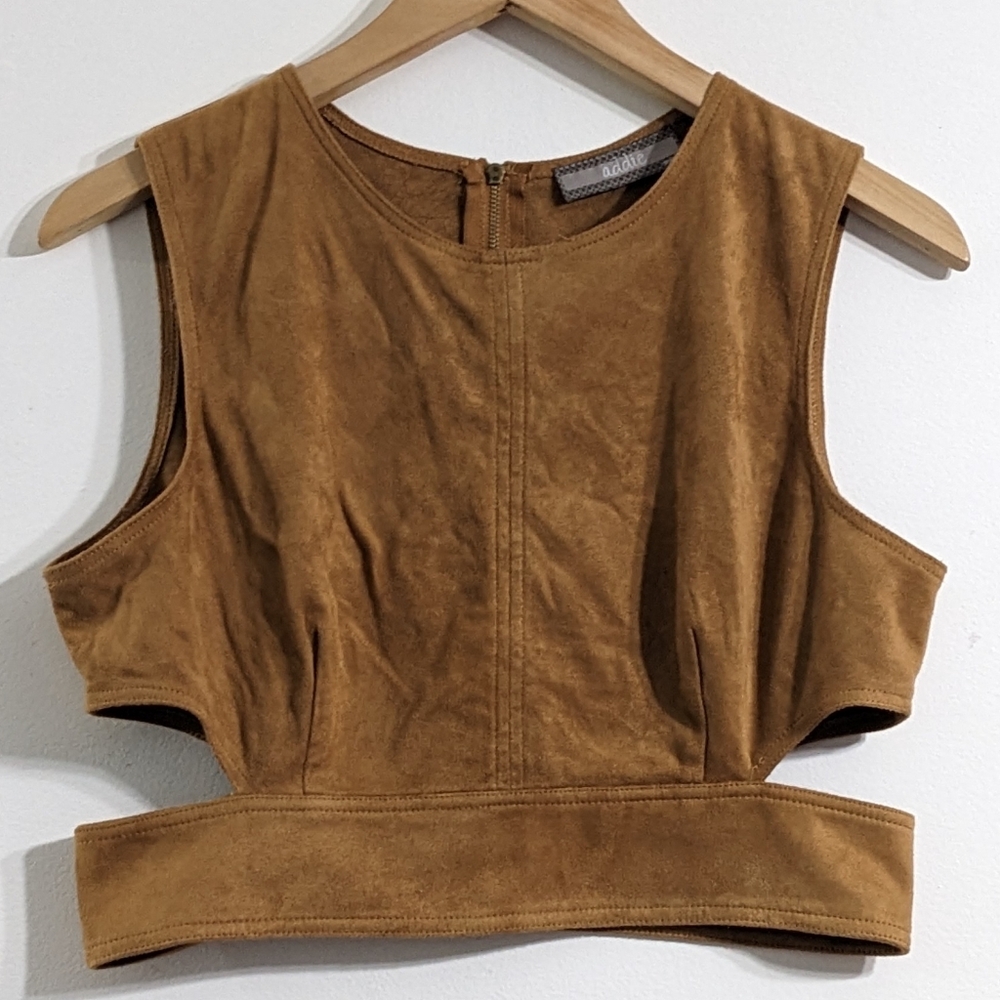 Addie Women's Tan Faux Suede Crop Top With Cutouts, Size Medium